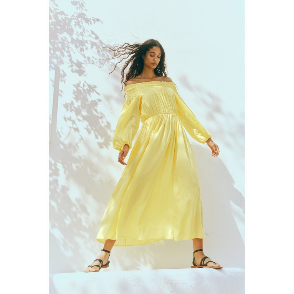 H&M Sz. M Yellow Smock-topped Off-The-Shoulder Midi Dress